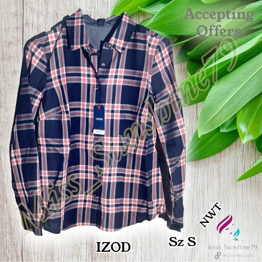 IZOD NEW - Sz S - navy blush pink plaid lightweight button down shirt